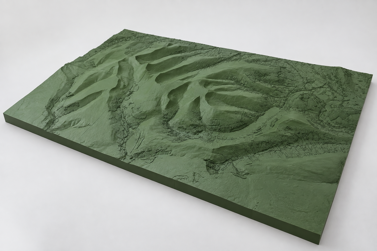 Oblique view of a large green 3D terrain model of the Brecon Beacons