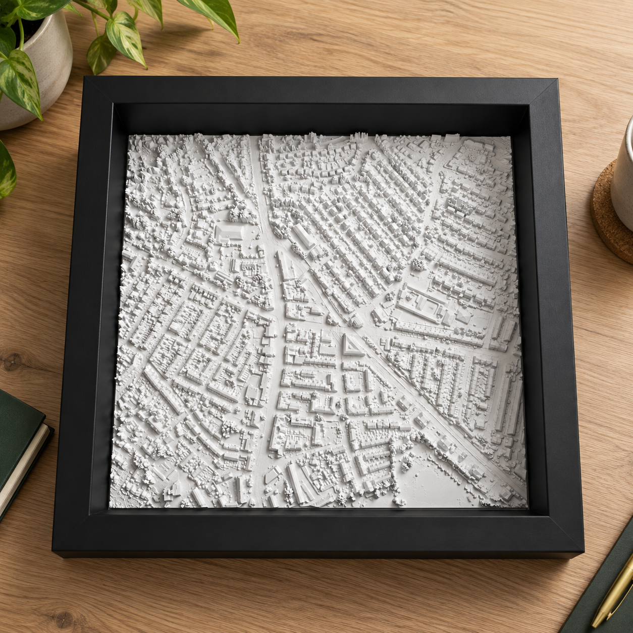 Framed white 3D terrain model showing individual houses, streets and landscape detail