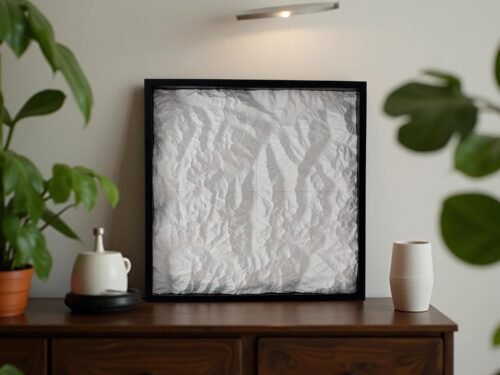 White 50 × 50 cm 3D terrain map in a black frame displayed on a wooden sideboard
