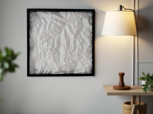 Framed white 3D topographic map hanging on a wall beside a lamp