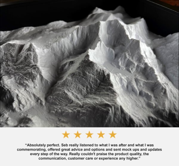 Detailed white mountain model with a five-star customer testimonial